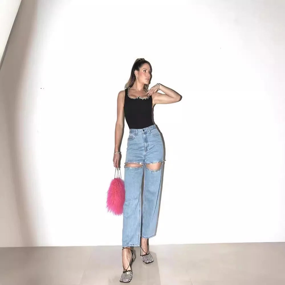 Jeans Rectos con Diamantes Azul — Casual Chic Mujer 2026