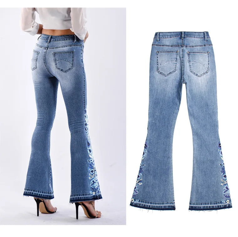 Jeans Acampanados Bordados — Cintura Alta Talla Grande Mujer