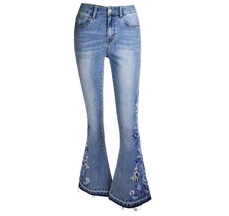Jeans Acampanados Bordados — Cintura Alta Talla Grande Mujer