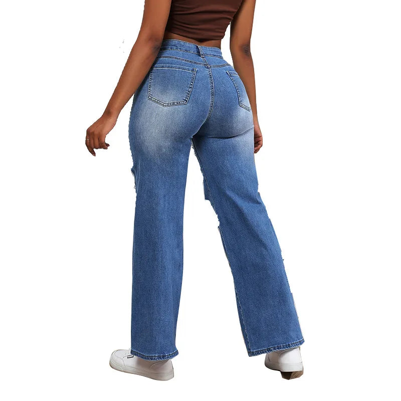Jeans Rotos Cintura Alta — Vintage Recto Elástico Mujer 2025