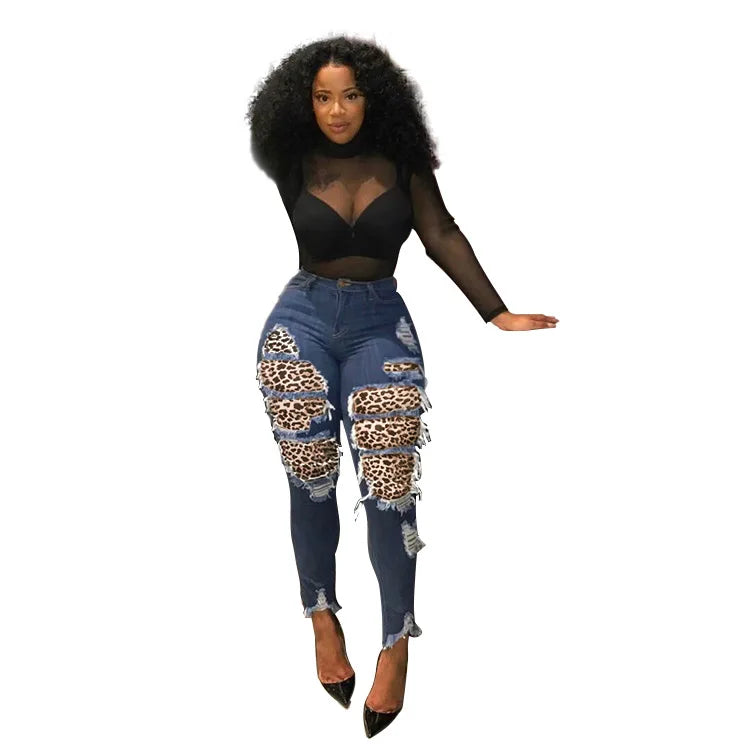Jeans Rotos Leopardo Patchwork — Cintura Alta Slim Talla Grande