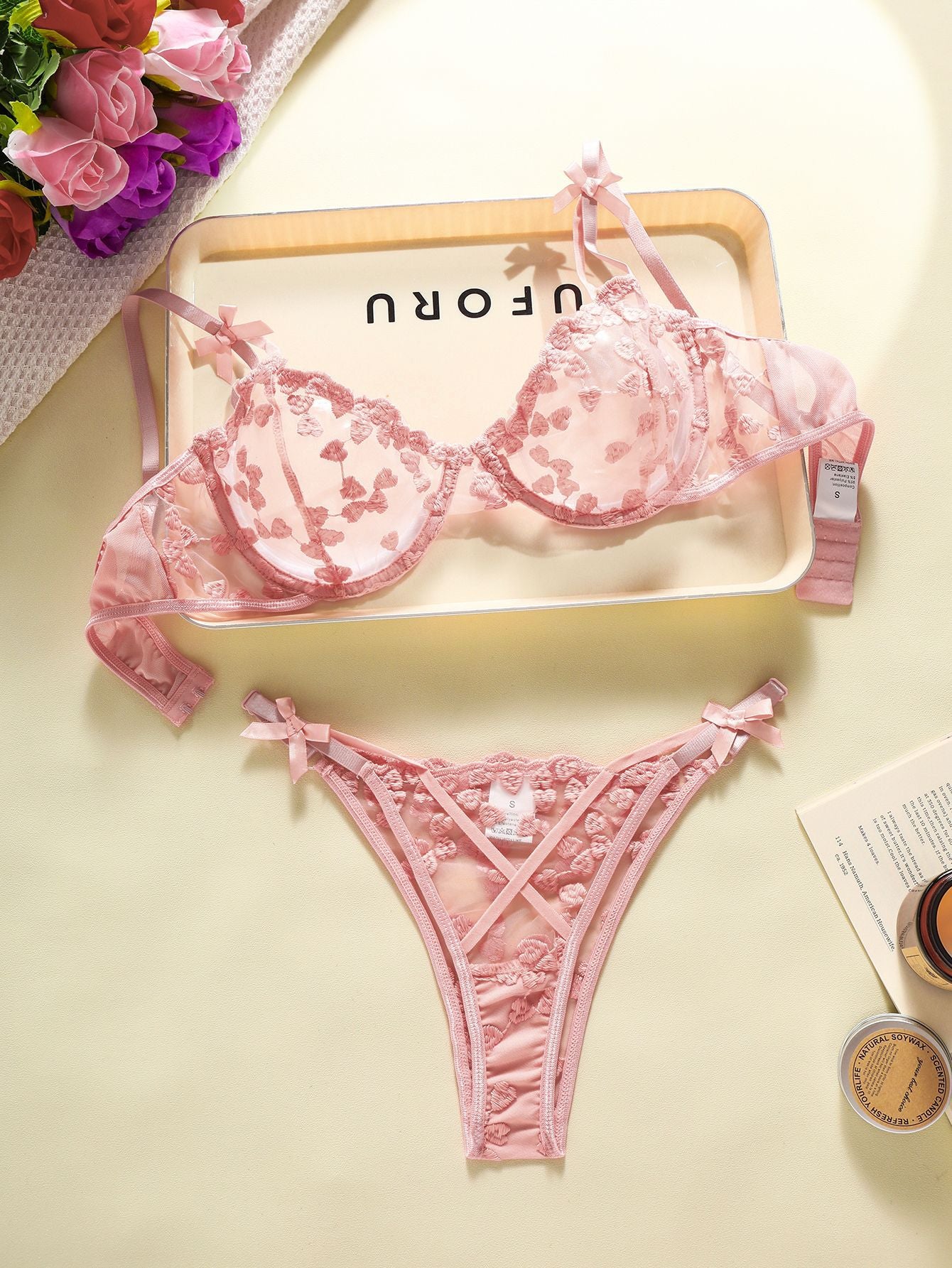 Heart Embroidery Mesh See-Through Lingerie Set – Bow Detail