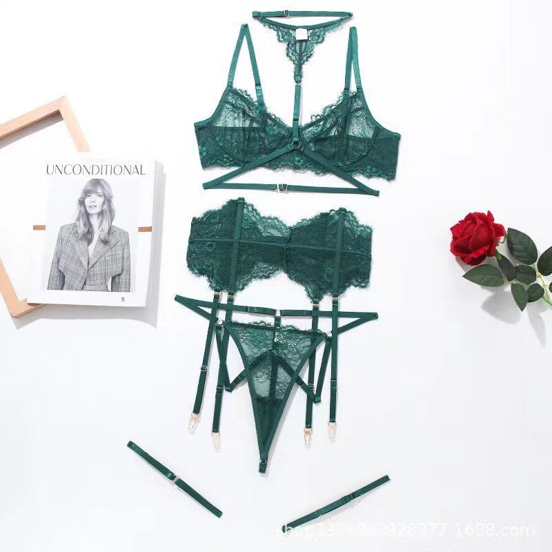 Lace Eyelash Halter Lingerie Set with Socks – Sexy 3-Piece
