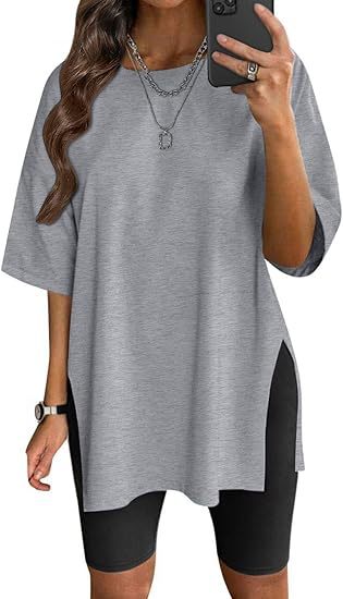 Camiseta Cuello Redondo Color Sólido con Abertura — Manga Corta Suelta Mujer 2026