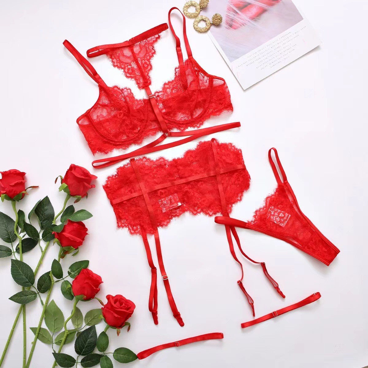 Lace Eyelash Halter Lingerie Set with Socks – Sexy 3-Piece