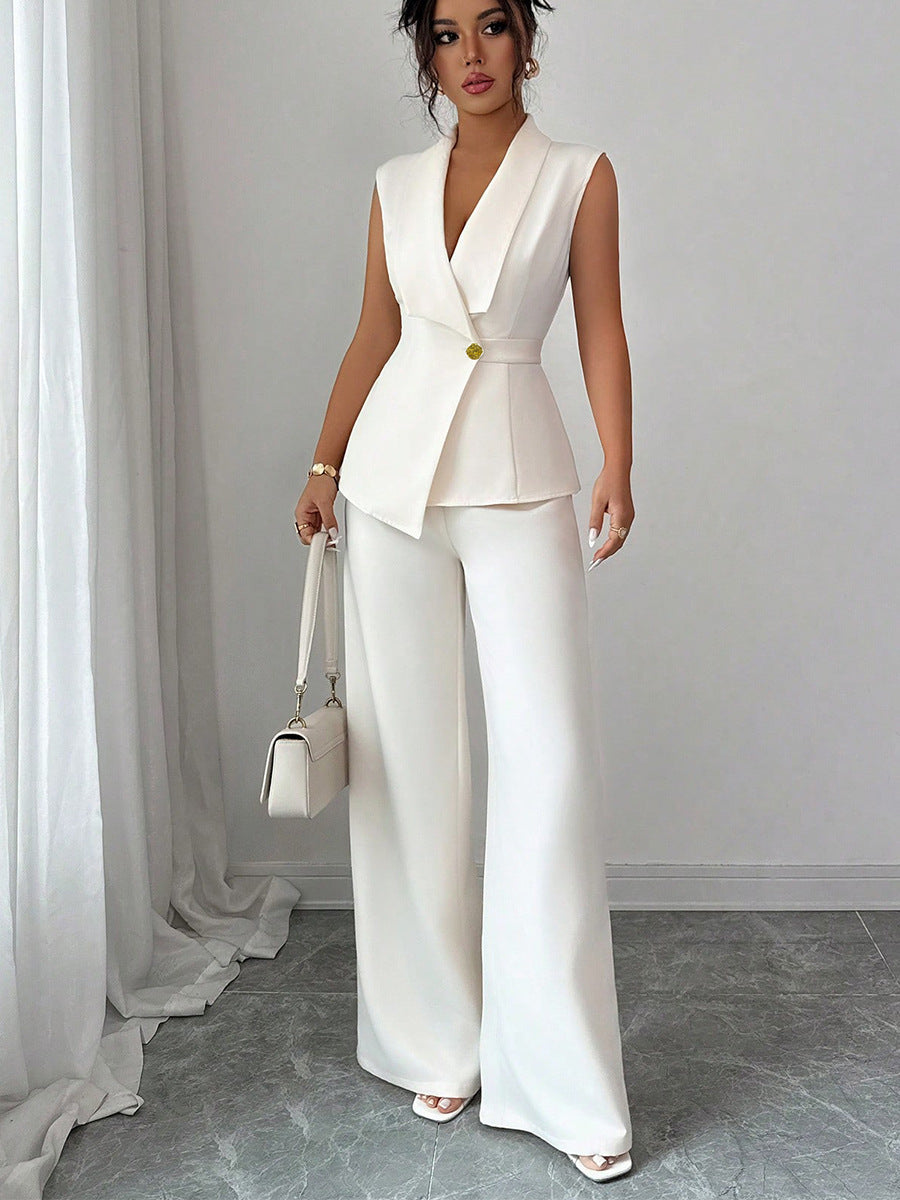 Conjunto Elegante de Chaleco y Pantalón Recto de Color Liso