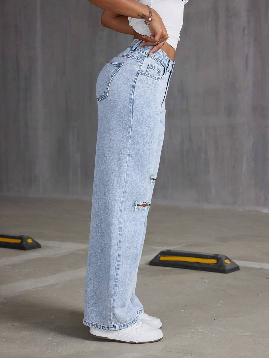 Jeans Wide Leg Azul Claro Lavado — Sueltos Color Puro Mujer 2026