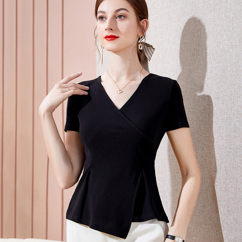 Camiseta Cuello V Irregular Cintura Marcada — Manga Media Niche Mujer 2026
