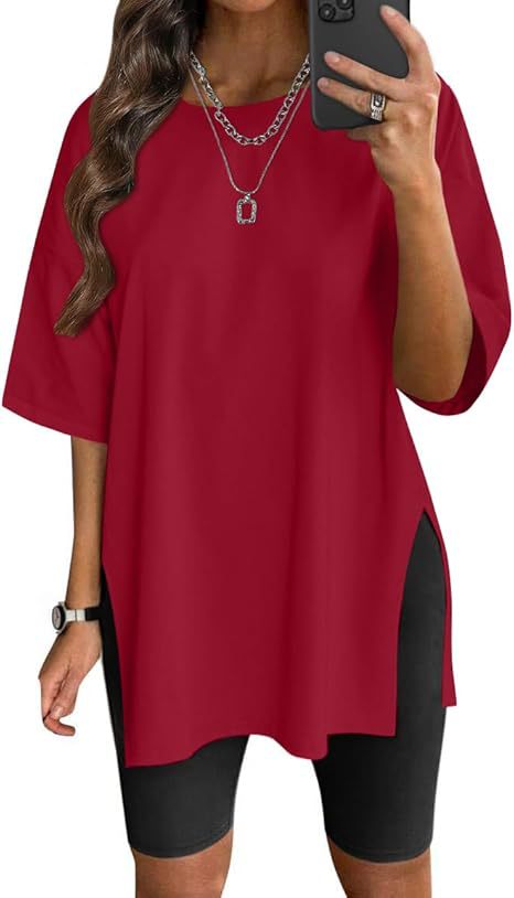 Camiseta Cuello Redondo Color Sólido con Abertura — Manga Corta Suelta Mujer 2026