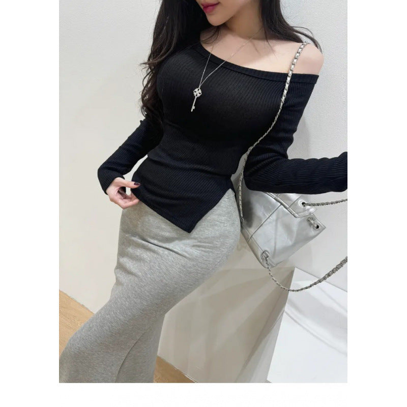 Camiseta Cuello Split Hombro — Manga Larga Slim Fit Mujer 2026