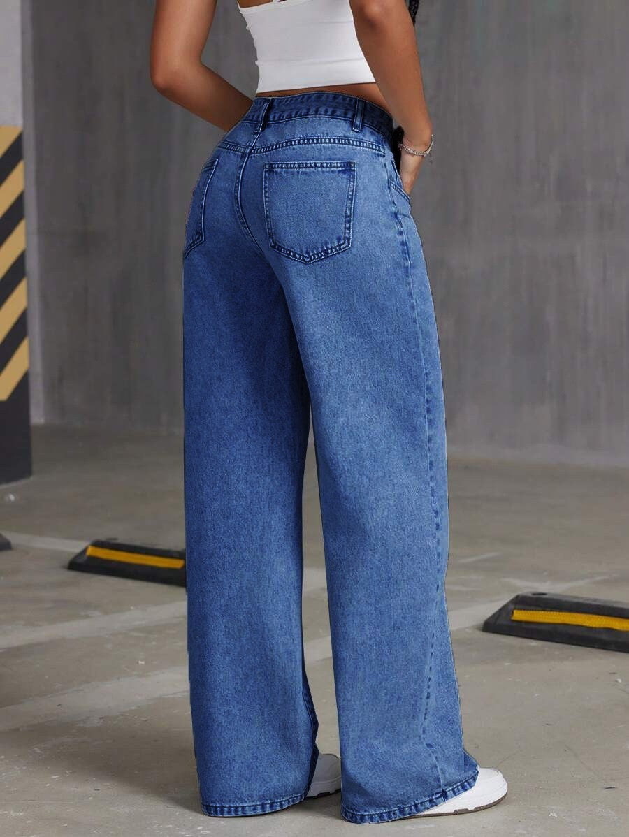 Jeans Wide Leg Azul Claro Lavado — Sueltos Color Puro Mujer 2026