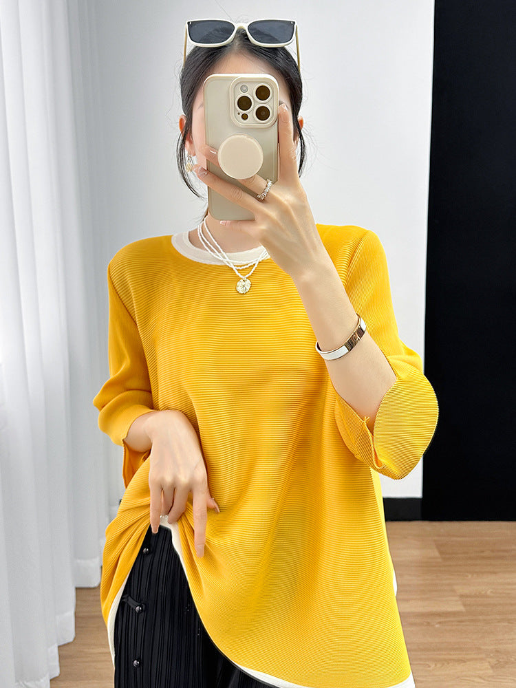 Camiseta Plisada Miyake Manga 3/4 — Irregular Lazy Hem Mujer Verano 2026