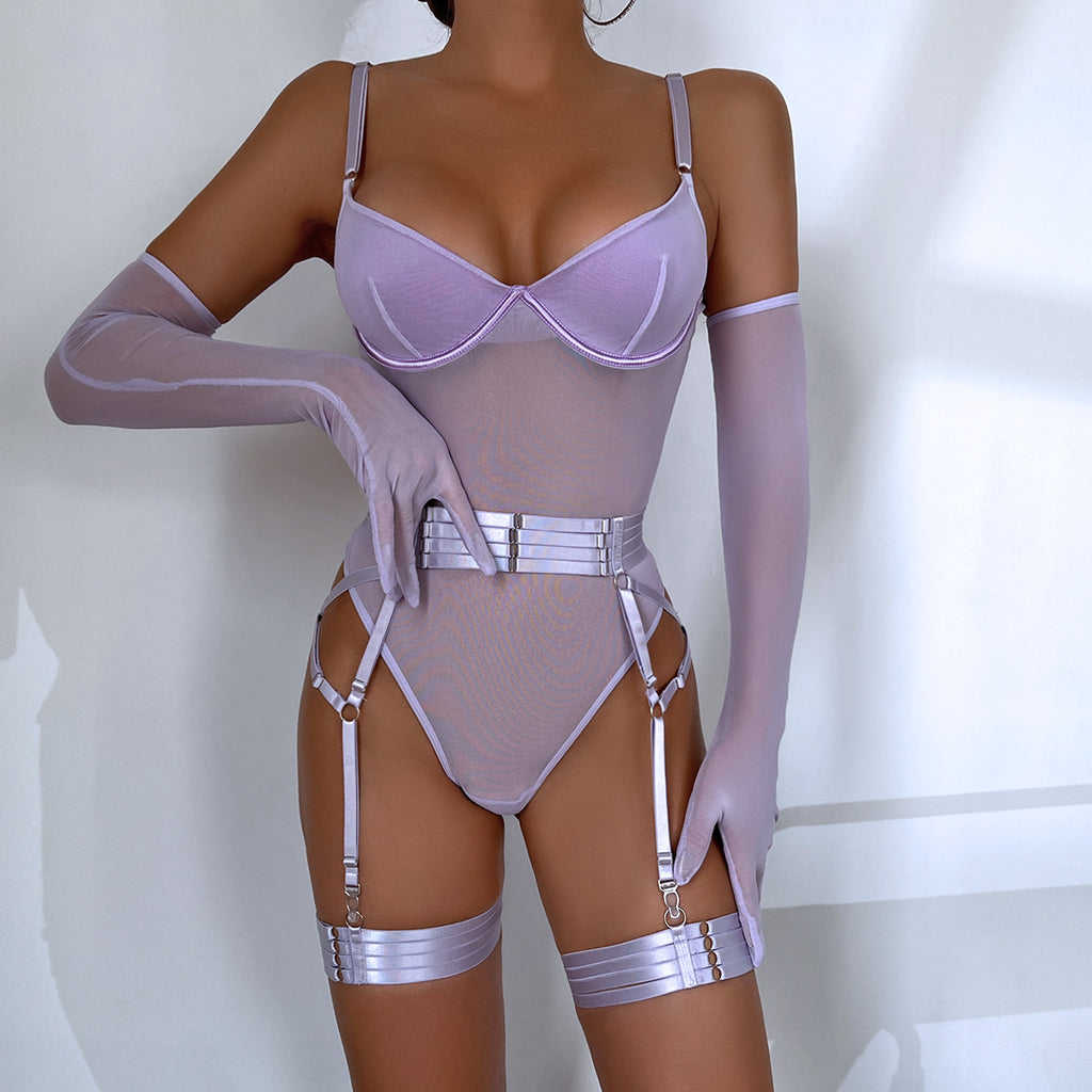 Sexy Lace Strap Lingerie Set with Gloves – 3-Piece Slim Fit