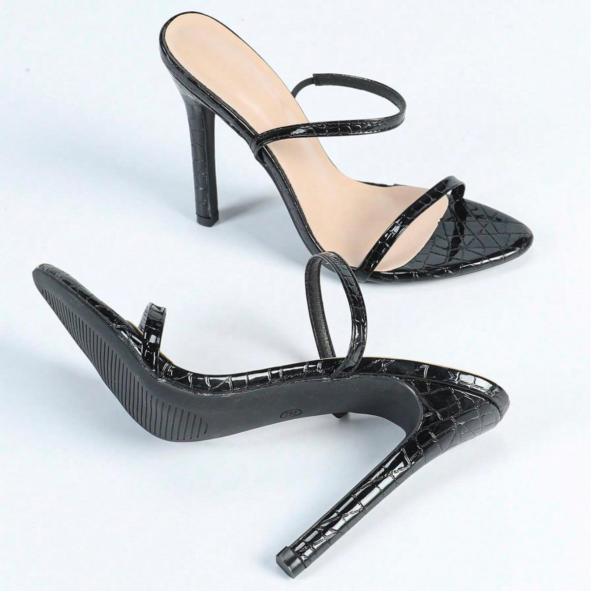 Sandalias Stiletto Textura Piedra | Tira Una Línea | Tacón Alto Negro Elegante