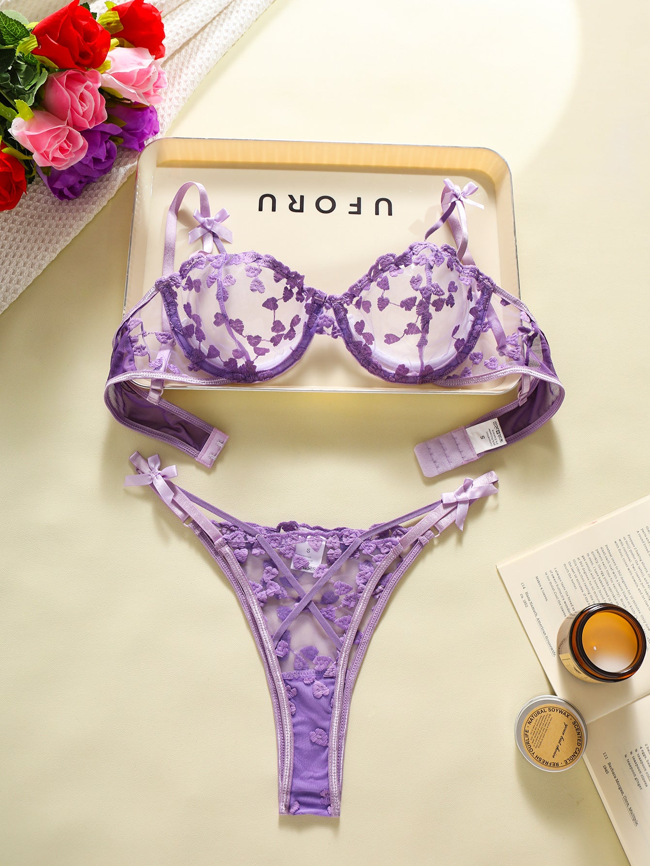 Heart Embroidery Mesh See-Through Lingerie Set – Bow Detail