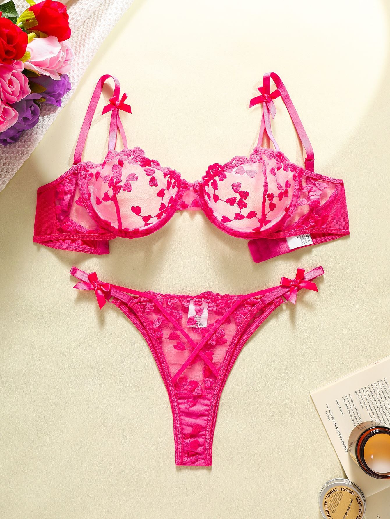 Heart Embroidery Mesh See-Through Lingerie Set – Bow Detail