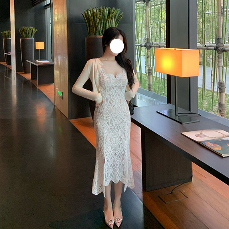 Vestido Suspender con Espalda Descubierta y Encaje