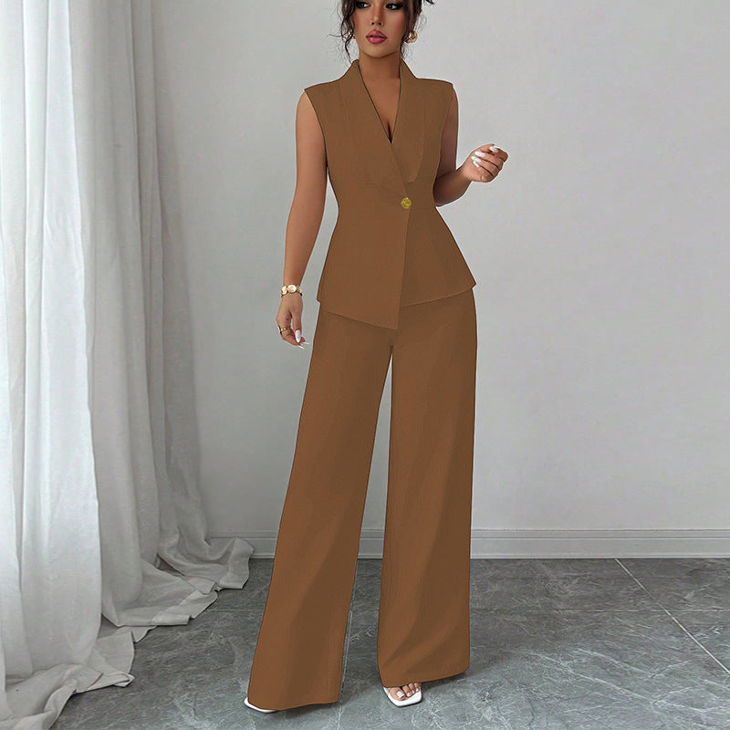 Conjunto Elegante de Chaleco y Pantalón Recto de Color Liso