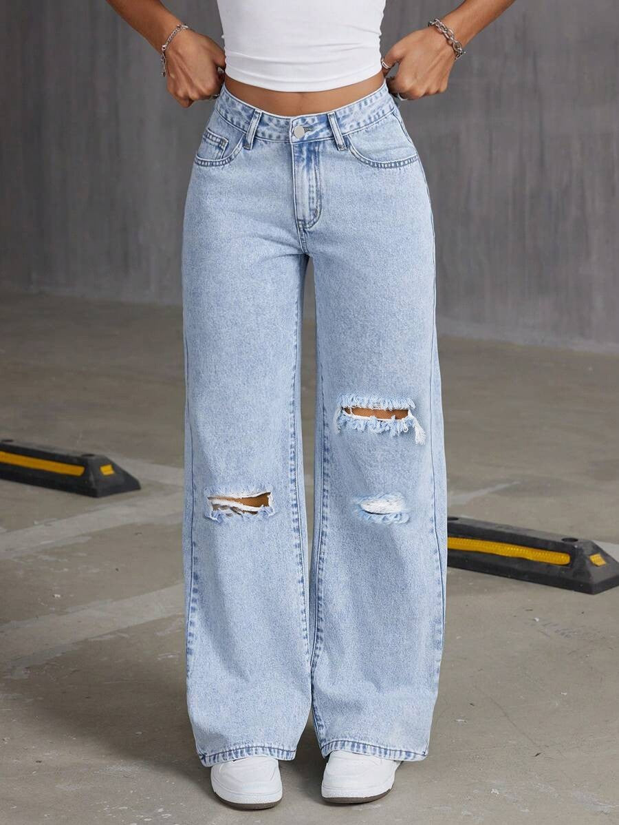 Jeans Wide Leg Azul Claro Lavado — Sueltos Color Puro Mujer 2026