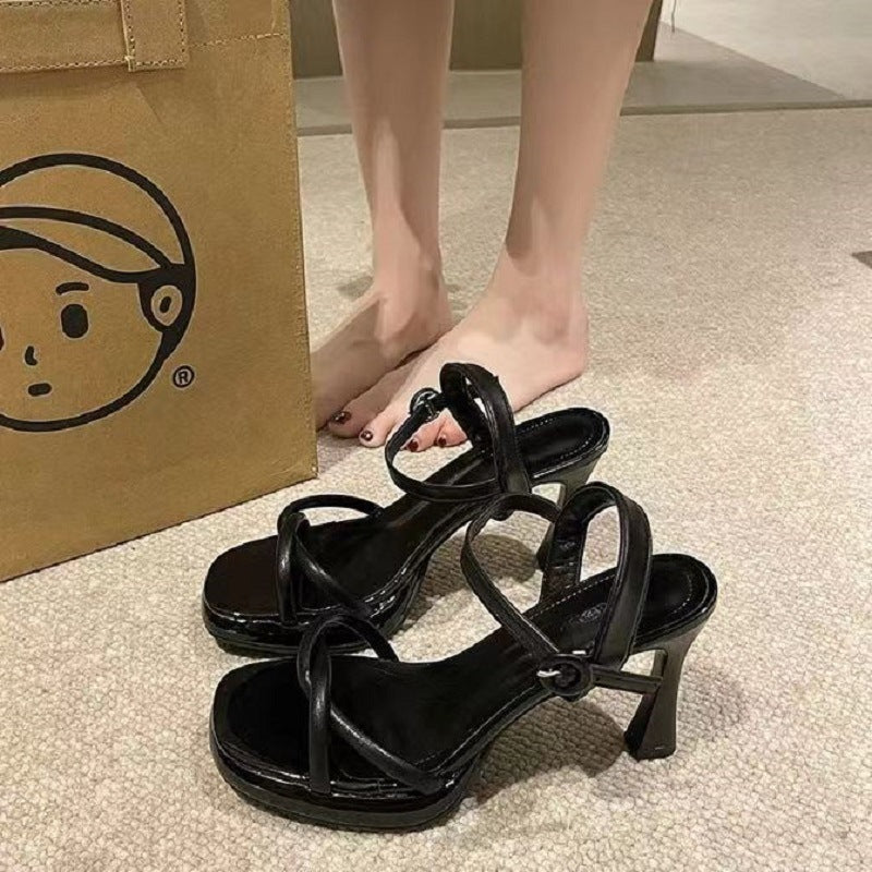 Sandalias Tacón Alto Punta Cuadrada | Hebilla Una Línea | Moda Mujer 2025
