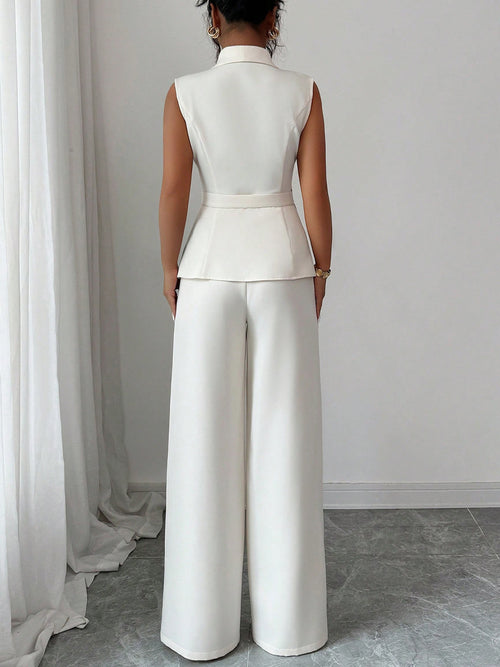 Conjunto Elegante de Chaleco y Pantalón Recto de Color Liso