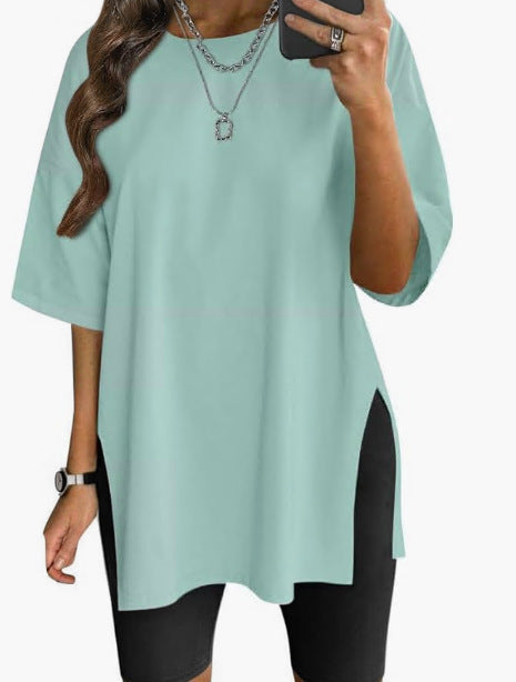 Camiseta Cuello Redondo Color Sólido con Abertura — Manga Corta Suelta Mujer 2026
