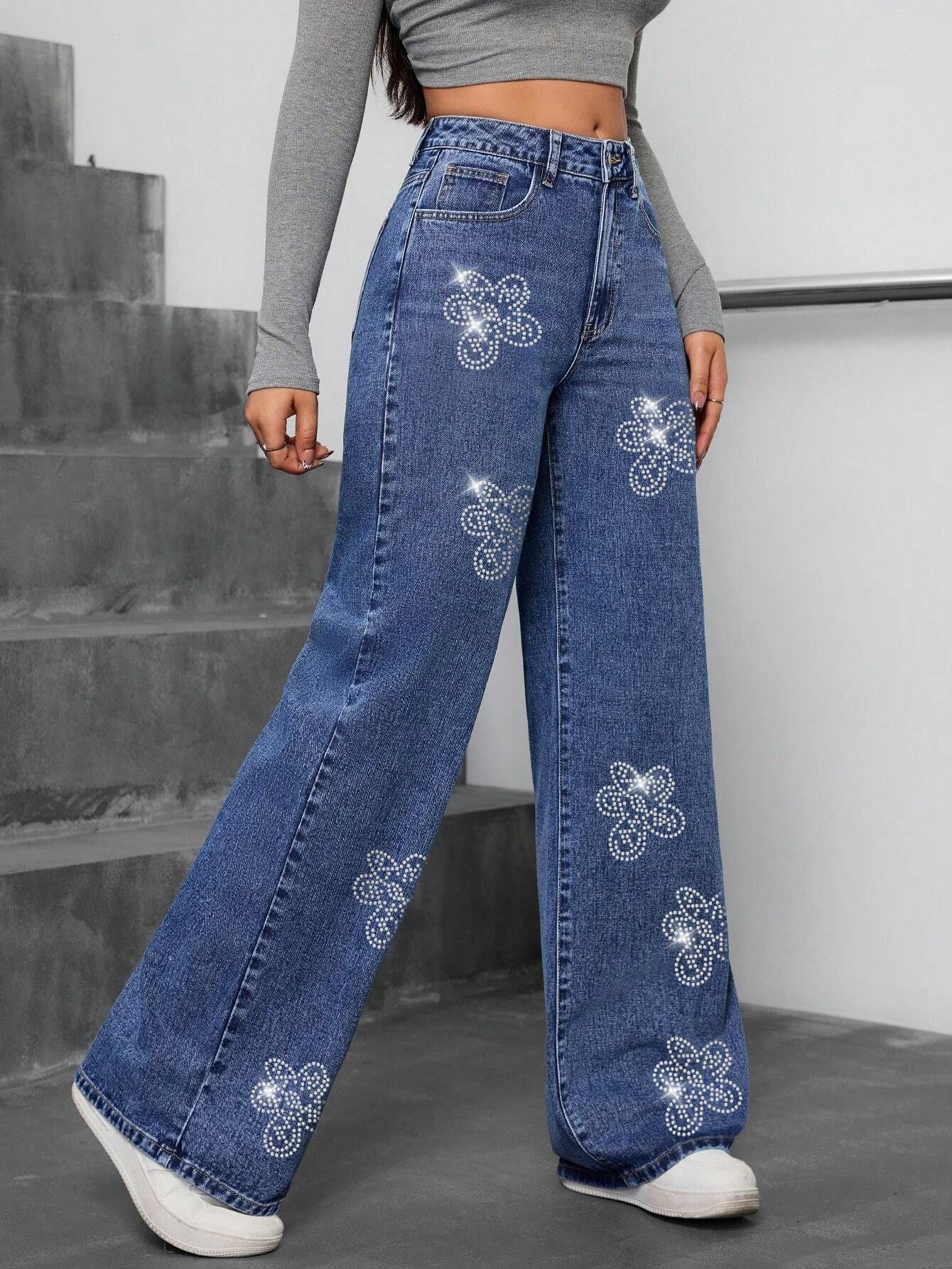 Jeans Rectos Floral Rhinestone — Pierna Recta Streetwear Mujer 2026