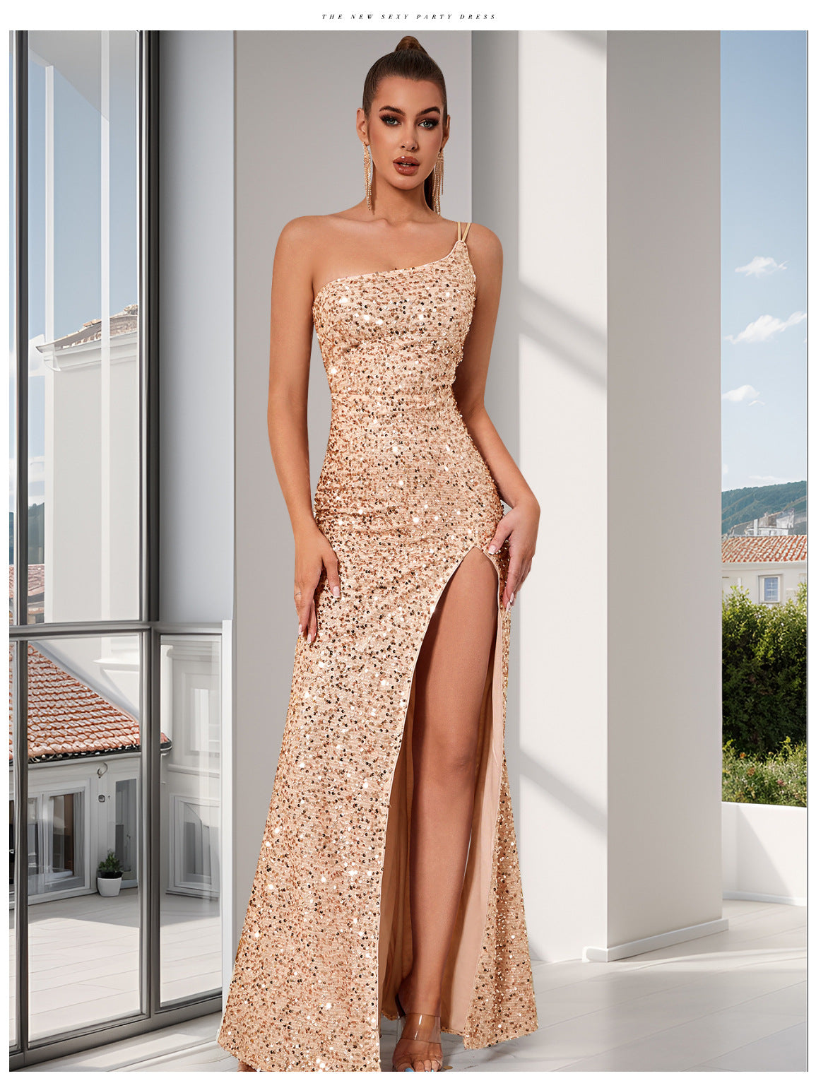 Vestido de Noche con Lentejuelas y Hombro Único