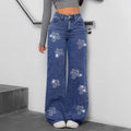Jeans Rectos Floral Rhinestone — Pierna Recta Streetwear Mujer 2026
