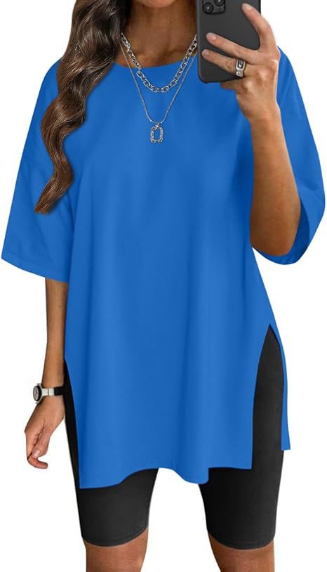 Camiseta Cuello Redondo Color Sólido con Abertura — Manga Corta Suelta Mujer 2026