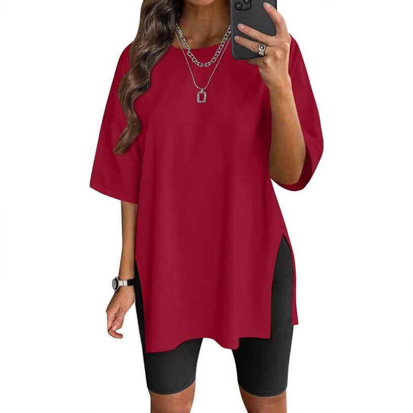 Camiseta Cuello Redondo Color Sólido con Abertura — Manga Corta Suelta Mujer 2026