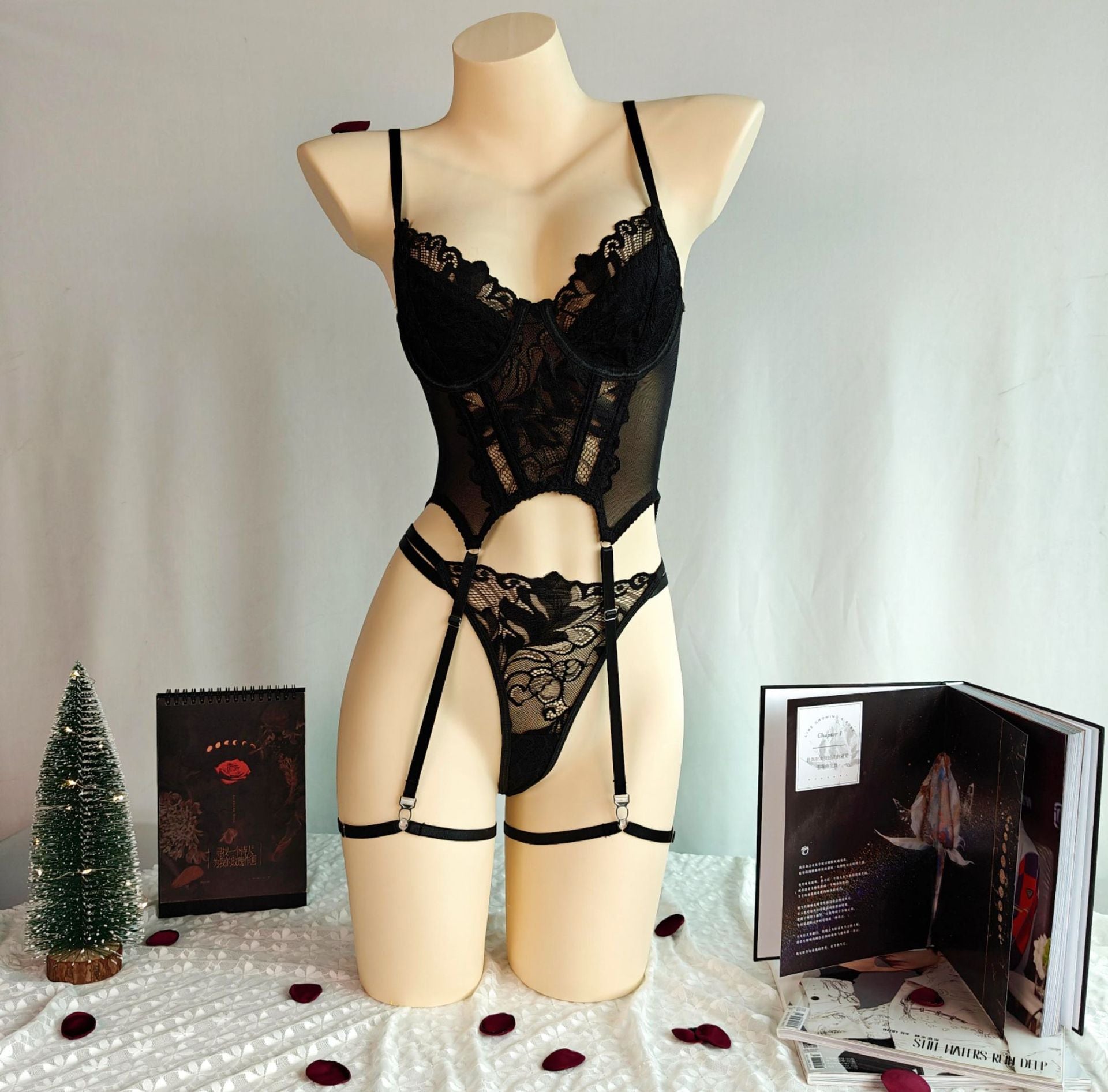 Embroidery Mesh Lingerie Bra Set – Push-Up Flirt Thong Suit