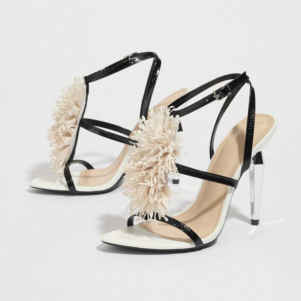 Sandalias Stiletto Floral Electroplated | Punta Redonda | Tacón Alto Mujer