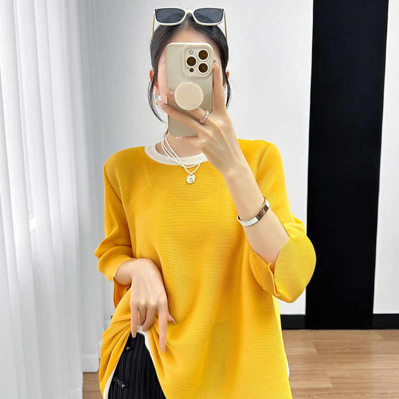 Camiseta Plisada Miyake Manga 3/4 — Irregular Lazy Hem Mujer Verano 2026