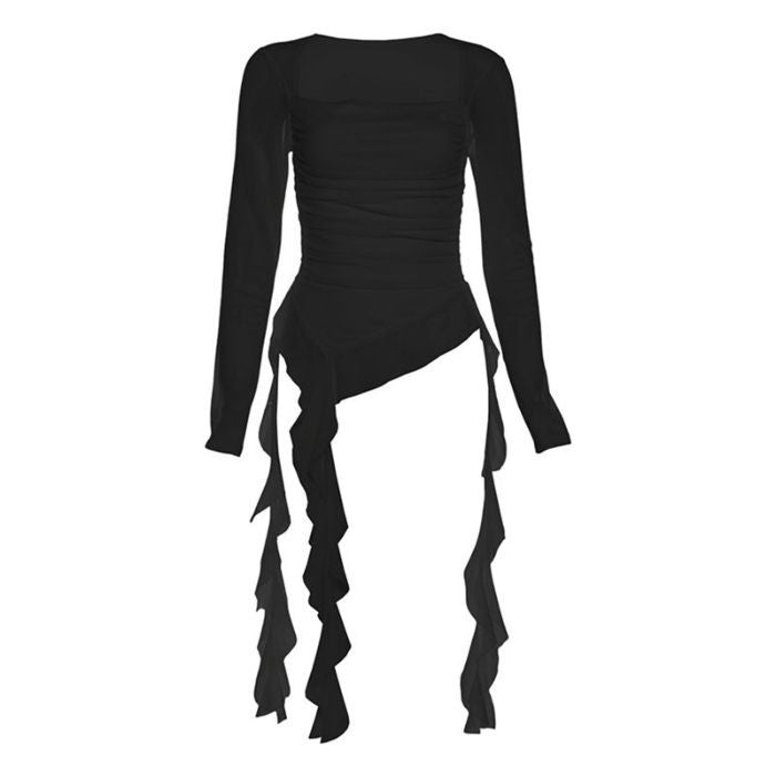 Camiseta Volantes Hombro Asimétrico — Slim Sexy Hot Girl Mujer Otoño 2026
