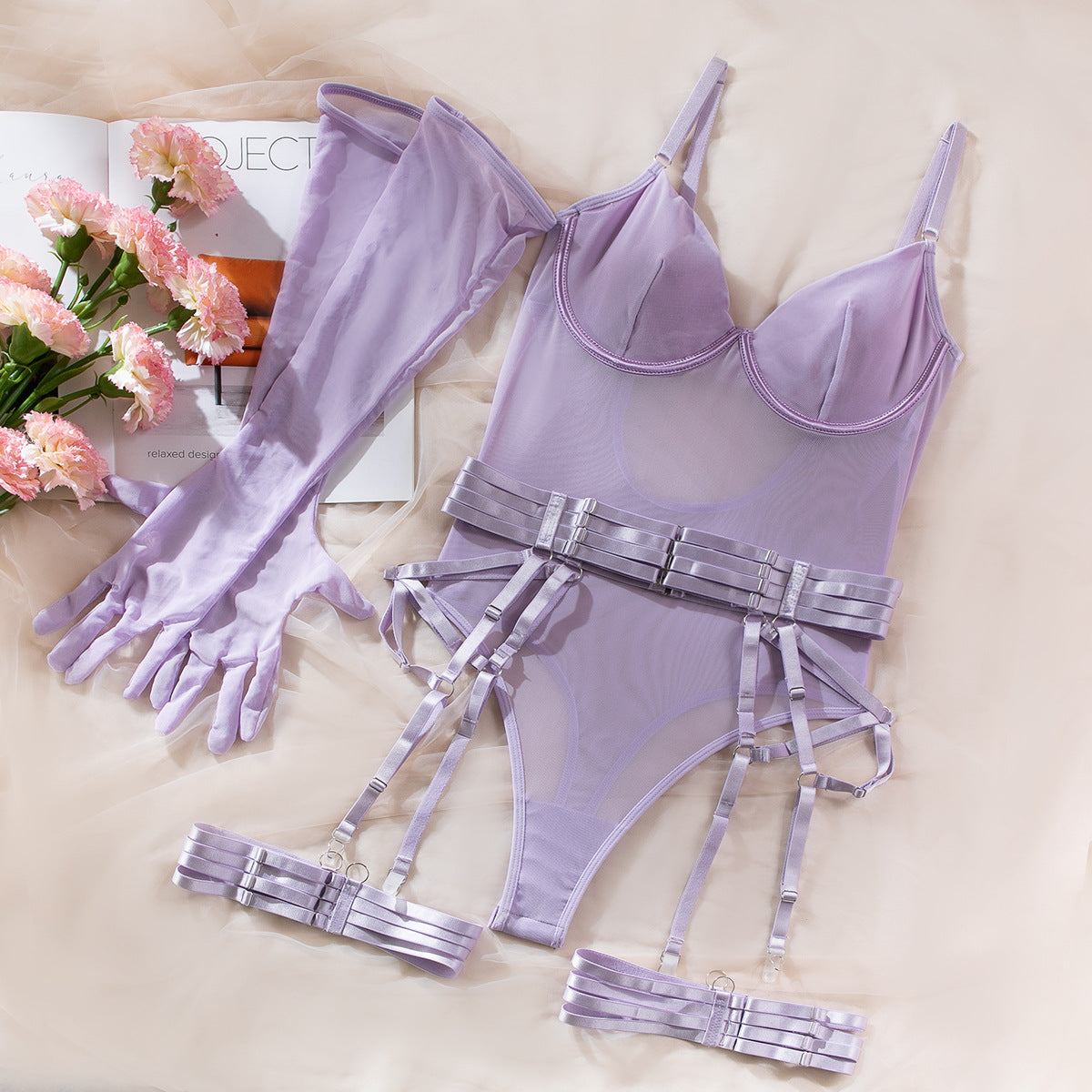Sexy Lace Strap Lingerie Set with Gloves – 3-Piece Slim Fit