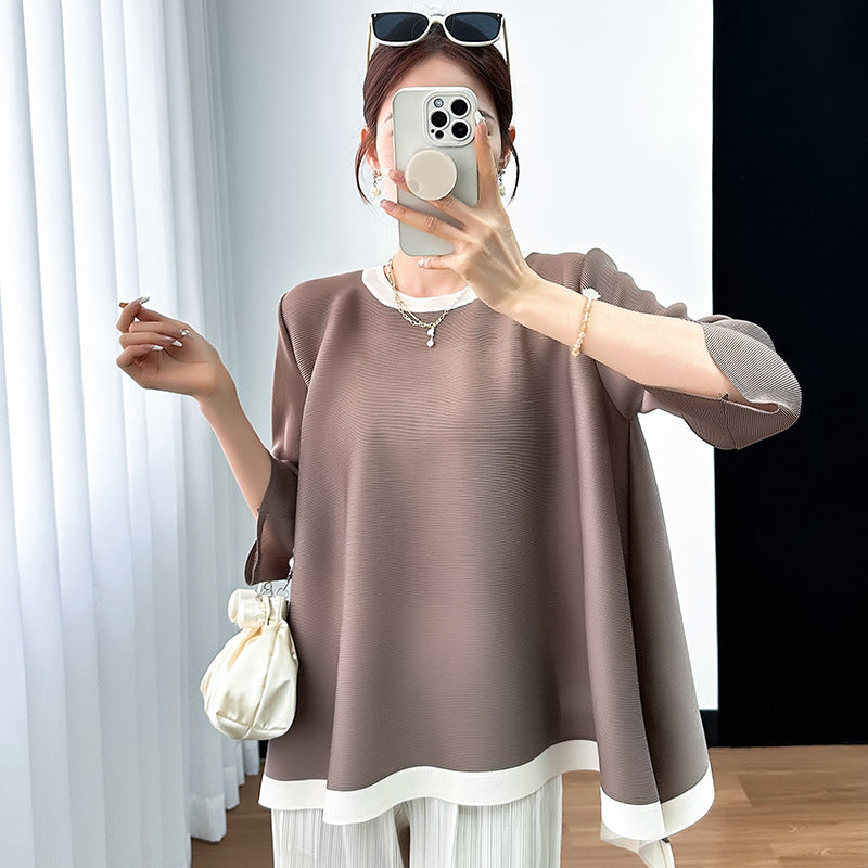Camiseta Plisada Miyake Manga 3/4 — Irregular Lazy Hem Mujer Verano 2026