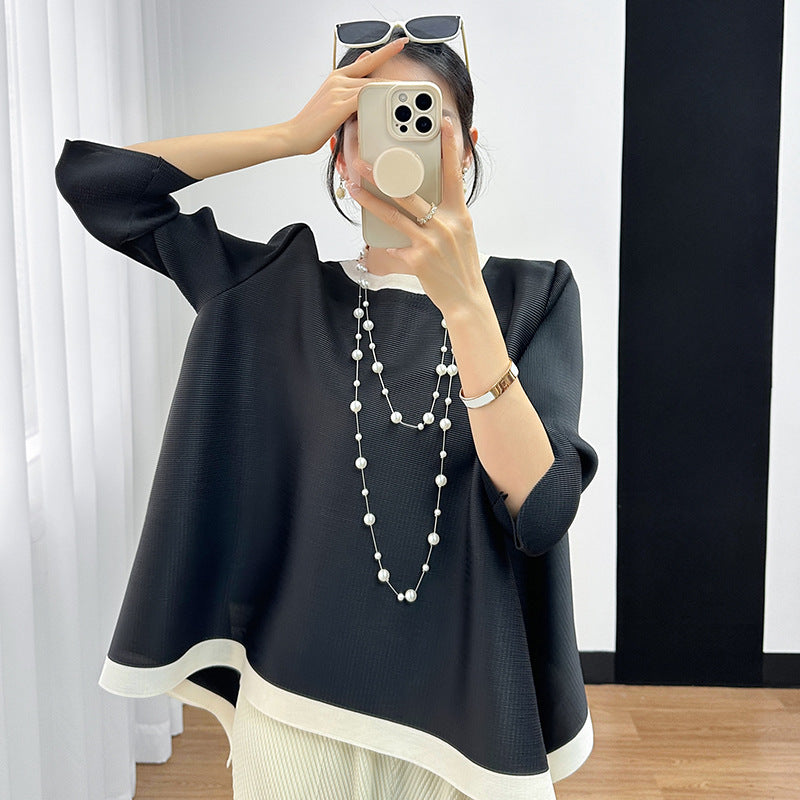 Camiseta Plisada Miyake Manga 3/4 — Irregular Lazy Hem Mujer Verano 2026