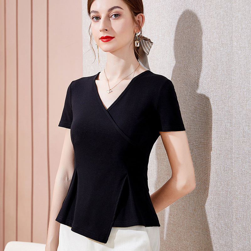 Camiseta Cuello V Irregular Cintura Marcada — Manga Media Niche Mujer 2026