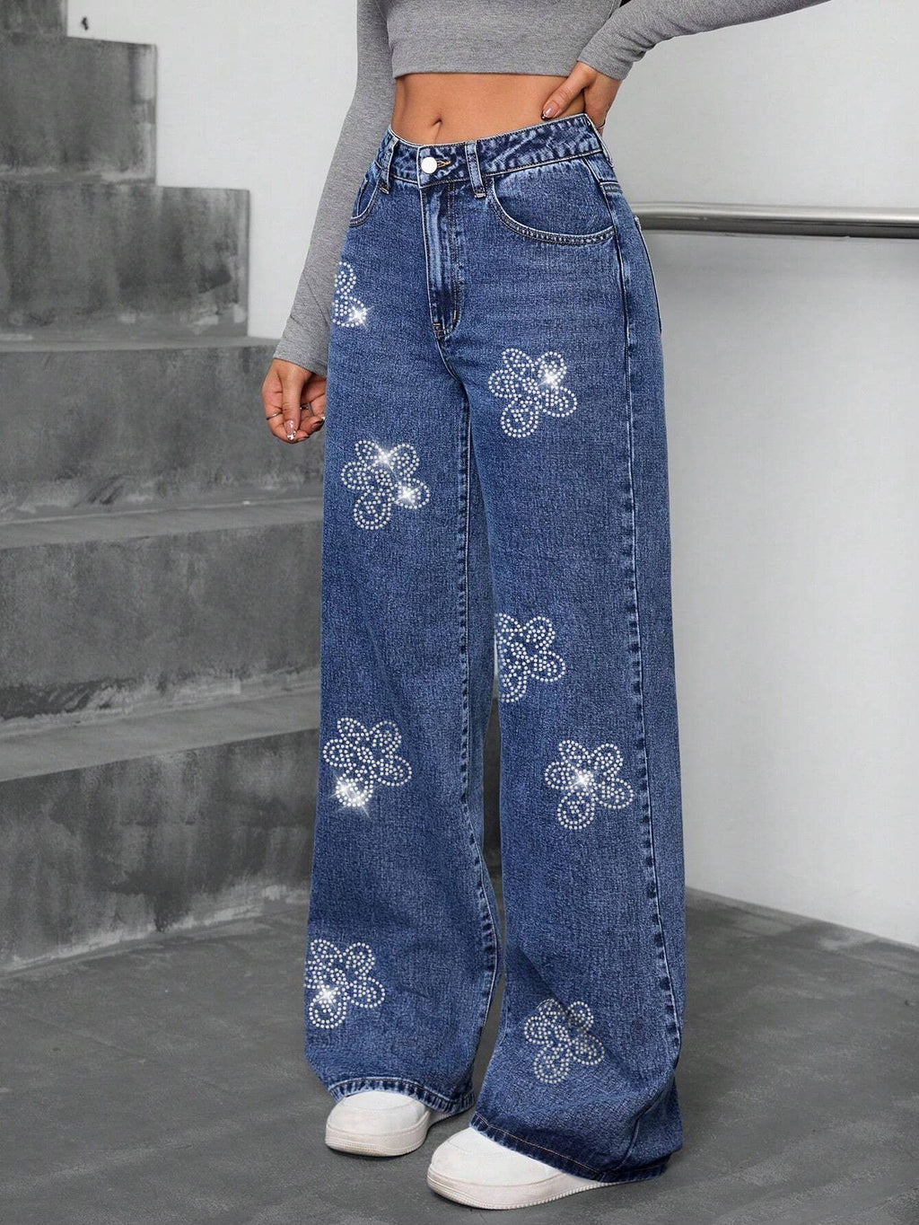 Jeans Rectos Floral Rhinestone — Pierna Recta Streetwear Mujer 2026