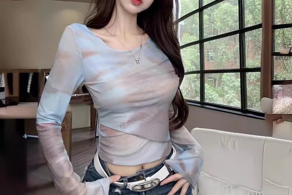 Camiseta Tie-Dye Falso Dos Piezas — Manga Larga Ombligo Hot Girl Mujer 2026