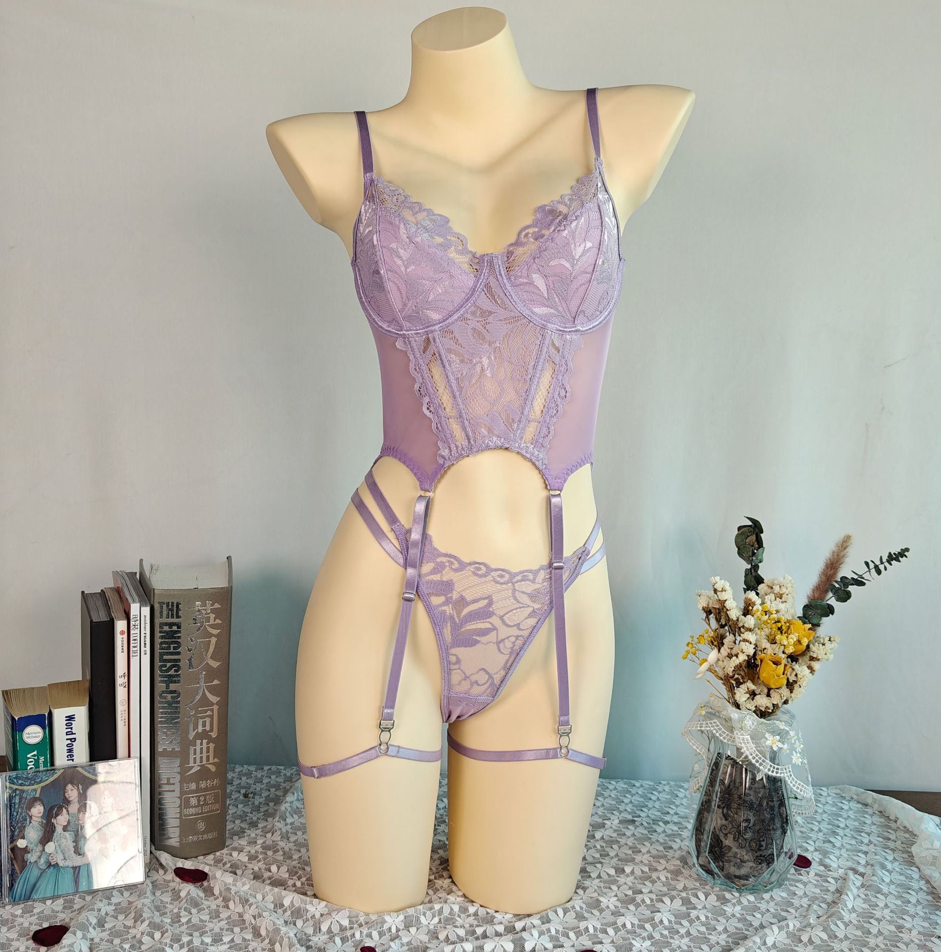 Embroidery Mesh Lingerie Bra Set – Push-Up Flirt Thong Suit