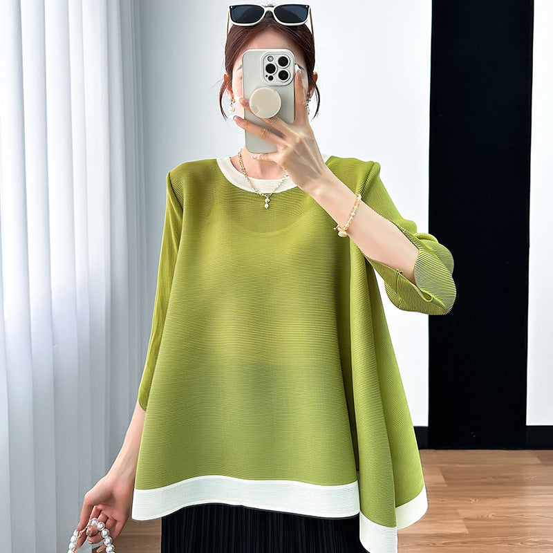 Camiseta Plisada Miyake Manga 3/4 — Irregular Lazy Hem Mujer Verano 2026