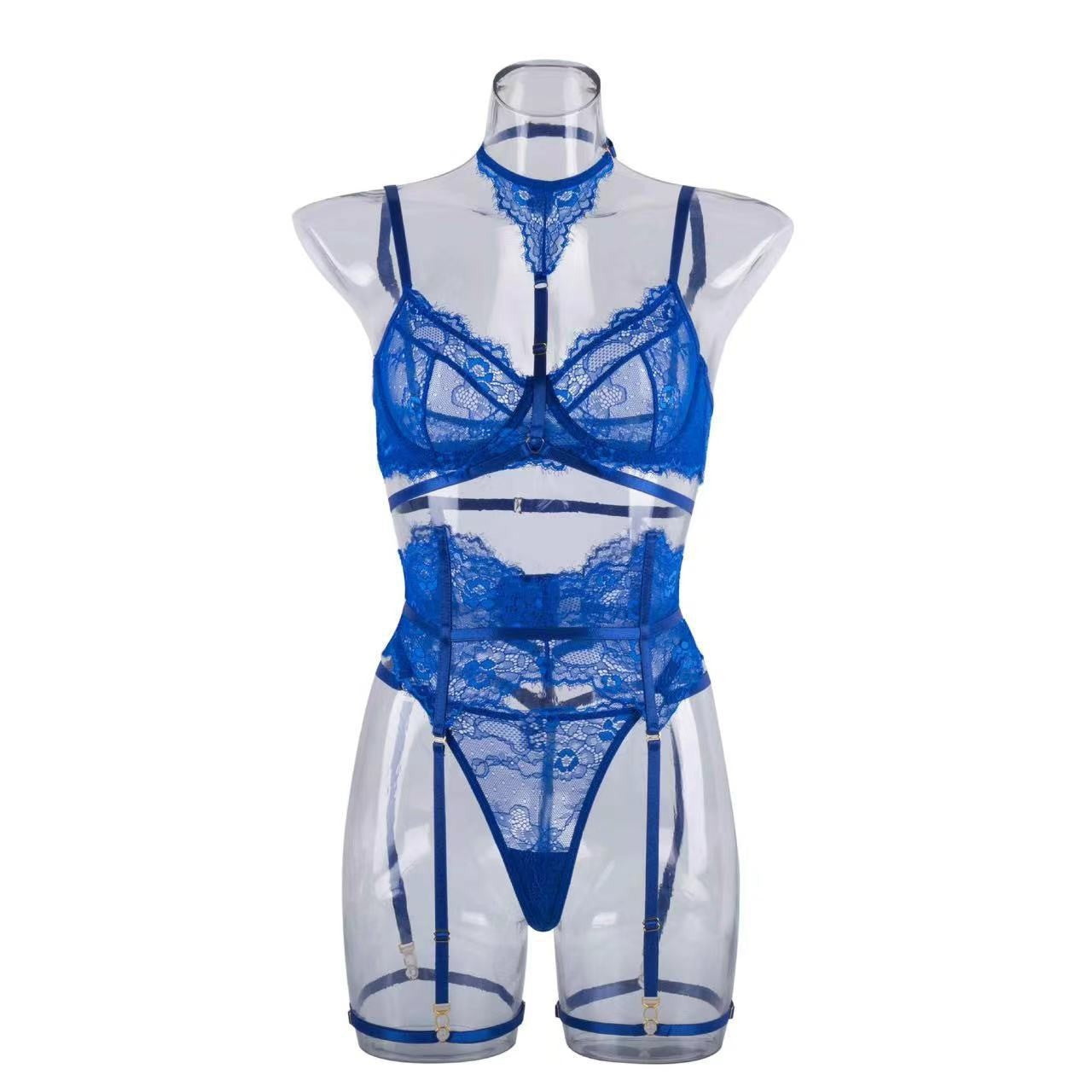 Lace Eyelash Halter Lingerie Set with Socks – Sexy 3-Piece