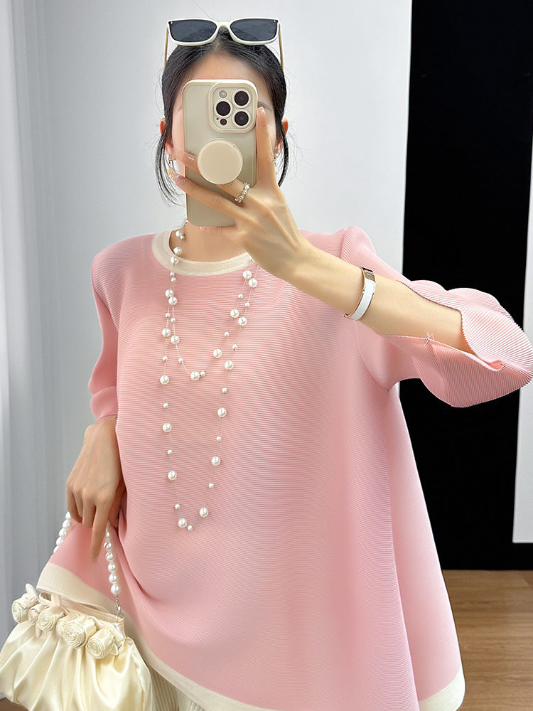 Camiseta Plisada Miyake Manga 3/4 — Irregular Lazy Hem Mujer Verano 2026