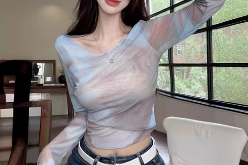 Camiseta Tie-Dye Falso Dos Piezas — Manga Larga Ombligo Hot Girl Mujer 2026