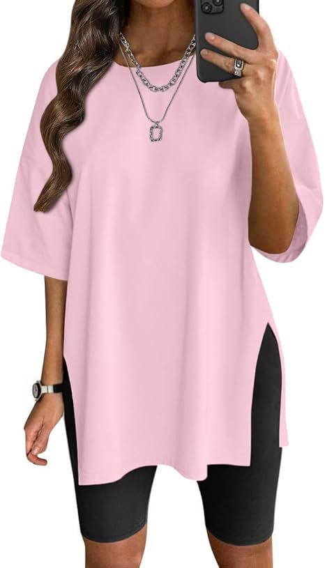 Camiseta Cuello Redondo Color Sólido con Abertura — Manga Corta Suelta Mujer 2026