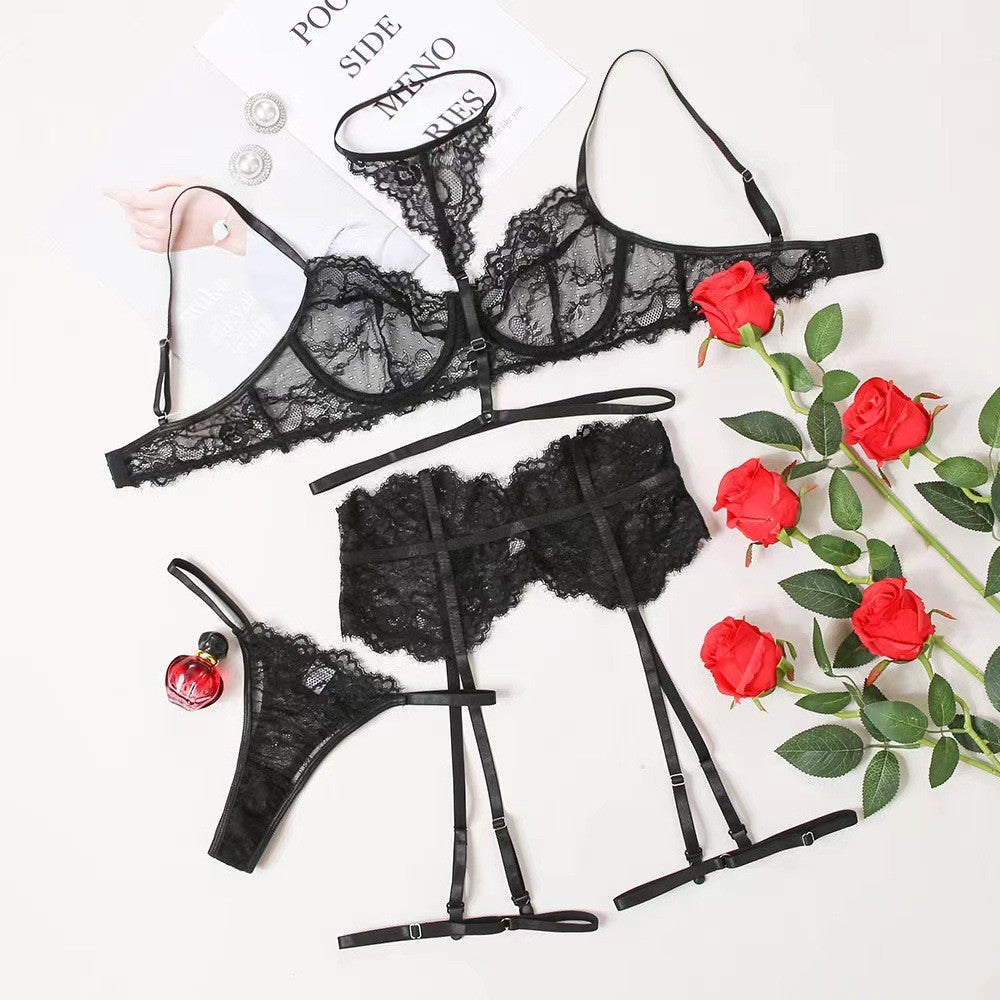 Lace Eyelash Halter Lingerie Set with Socks – Sexy 3-Piece