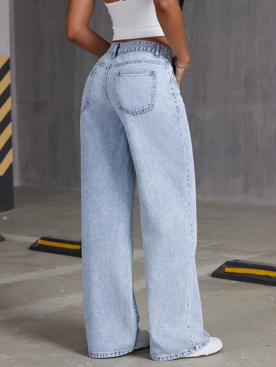 Jeans Wide Leg Azul Claro Lavado — Sueltos Color Puro Mujer 2026