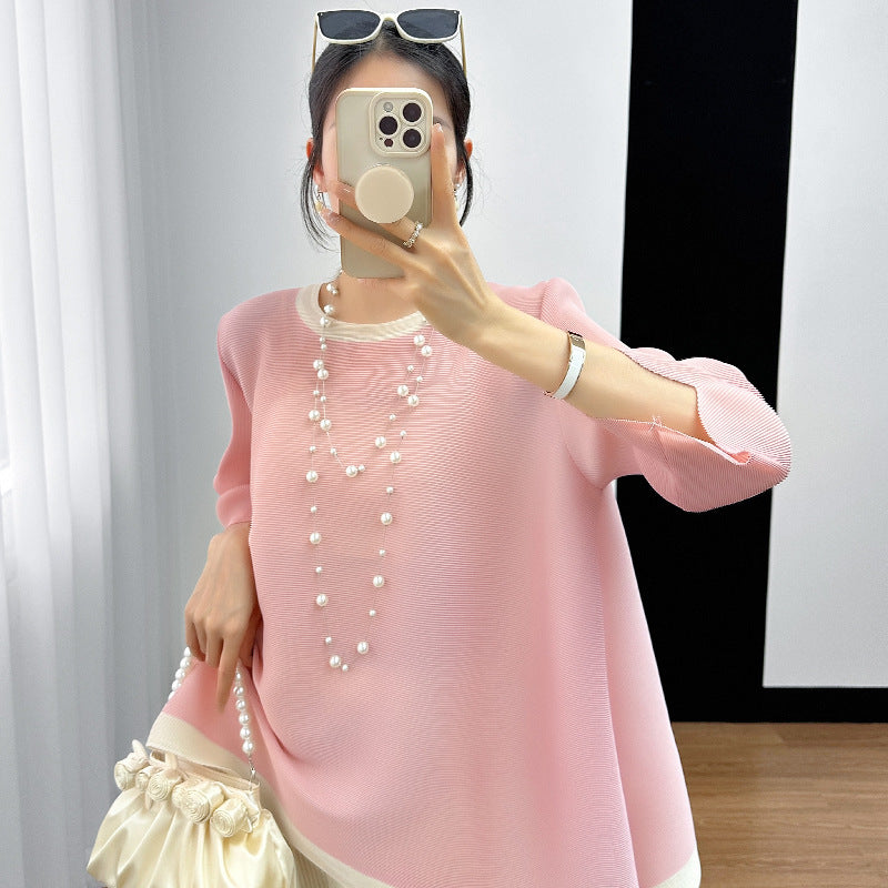 Camiseta Plisada Miyake Manga 3/4 — Irregular Lazy Hem Mujer Verano 2026